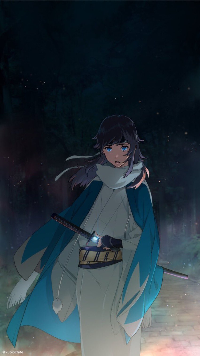 1boy arm_guards armor black_hair blue_coat blue_eyes blue_scarf coat coat_on_shoulders dalc_rose drawstring feet_out_of_frame fighting_stance glowing glowing_sword glowing_weapon hair_down haori highres japanese_armor japanese_clothes katana kimono light_particles long_hair long_sleeves looking_at_viewer male_focus night obi outdoors parted_lips pavement pom_pom_(clothes) sash scarf sheath shinsengumi solo standing sword touken_ranbu unsheathing weapon white_kimono wide_sleeves wind yamato-no-kami_yasusada