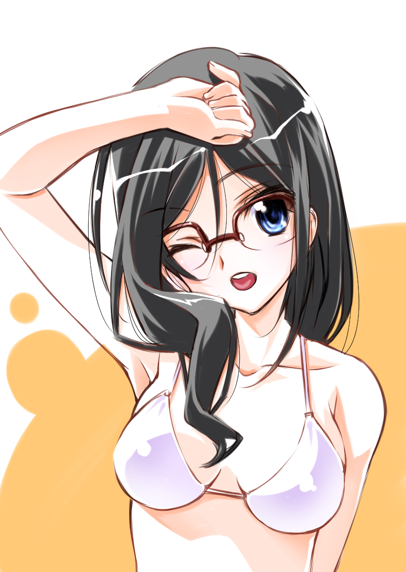 1girl arm_up bikini black_hair blue_eyes breasts commentary_request eyebrows_visible_through_hair glasses hair_between_eyes halterneck hand_on_own_head hibike!_euphonium long_hair looking_at_viewer medium_breasts one_eye_closed open_mouth over-rim_eyewear red-framed_eyewear semi-rimless_eyewear senomoto_hisashi smile solo swimsuit tanaka_asuka upper_body white_background white_bikini