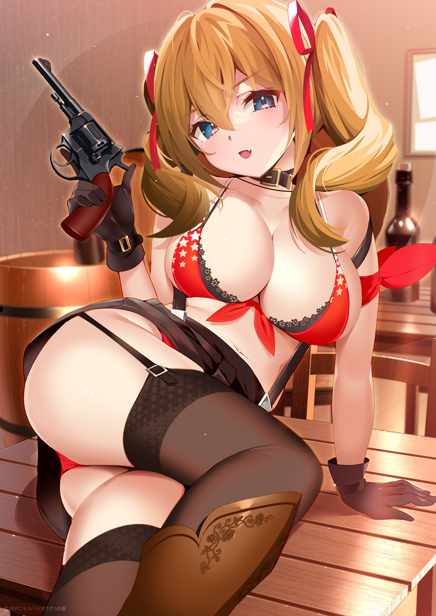 1girl :d ass bangs bare_shoulders barrel bikini black_collar black_legwear black_skirt blonde_hair boots bottle breasts brown_footwear brown_headwear chair cleavage collar collarbone commentary_request cowboy_boots eyebrows_visible_through_hair fang front-tie_bikini front-tie_top garter_straps gun hair_between_eyes hair_ribbon handgun hat_around_neck head_tilt highres holding holding_gun holding_weapon indoors looking_at_viewer machimura_komori medium_breasts on_table original red_bikini red_ribbon revolver ribbon skirt smile solo swimsuit table thighhighs thighhighs_under_boots trigger_discipline twintails weapon