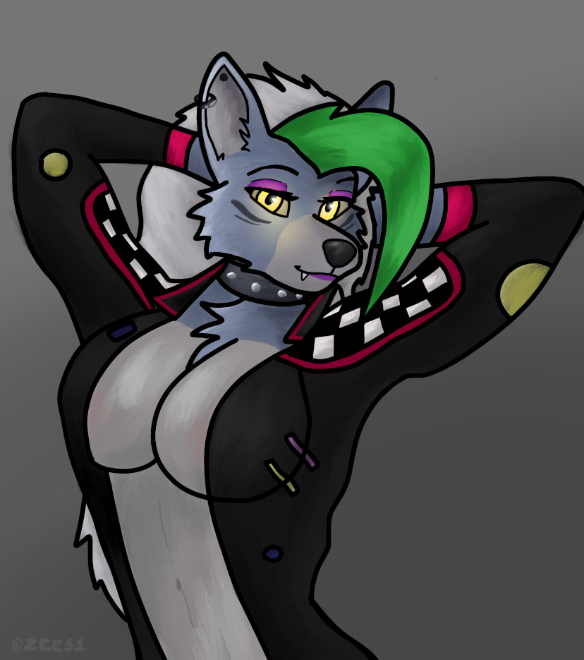 breasts canid canine canis checkered_clothing clothing collar fangs female five_nights_at_freddy's five_nights_at_freddy's:_security_breach fur glowing glowing_eyes green_hair grey_body grey_fur hair hand_on_head humanoid jacket lipstick long_hair makeup mammal navel pattern_clothing roxanne_wolf_(fnaf) scottgames shaded simple_background smile solo topwear tuft video_games white_hair wolf yellow_eyes zees1