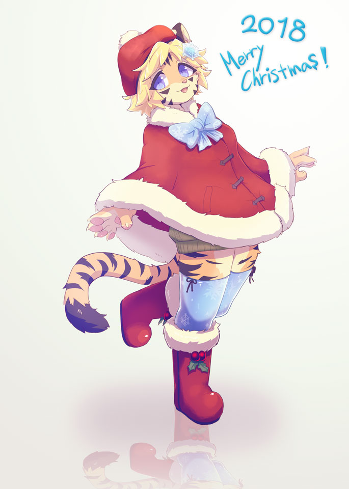 2018 5_fingers :d absolute_territory accessory anthro biped black_body black_ears black_fur black_stripes black_tail blonde_hair blue_bow blue_clothing blue_eyes blue_legwear boots bow christmas claws clothed clothing countershade_hands countershade_legs countershade_torso countershading digital_media_(artwork) dipstick_tail felid female finger_claws fingers footwear full-length_portrait fully_clothed fuo_(hanadaiteol) fur fur_trim_(clothing) hair hair_accessory hanadaiteol hat headgear headwear holidays kemono legwear mammal markings merry_christmas mistletoe monotone_eyes monotone_hair multicolored_body multicolored_ears multicolored_fur on_one_leg open_mouth orange_body orange_fur orange_tail pantherine pawpads pink_nose pink_pawpads pink_tongue plant plantigrade pom_hat poncho portrait print_clothing pupils raised_leg red_boots red_clothing red_footwear red_hat red_headwear reflection short_hair slit_pupils smile snowflake solo standing stripes tail_markings tan_body tan_claws tan_ears tan_fur tan_inner_ear tiger tongue two_tone_ears two_tone_tail