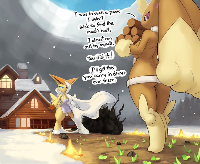 anthro apron apron_only better_version_at_source burned cabin canid canine canis clothing dire_wolf duo female fire ineffective_clothing legendary_pok&eacute;mon long_ears lopunny mammal meme meme_clothing mostly_nude nintendo ozoneserpent pok&eacute;mon pok&eacute;mon_(species) snow sweater text topwear victini video_games virgin_killer_sweater winter wolf wood