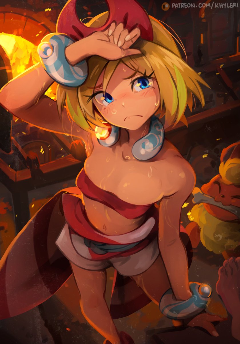 1girl arm_support arm_up bangs blonde_hair blue_eyes blush bone closed_mouth collar commentary eyelashes fingernails flareon frown furnace hairband highres indoors irida_(pokemon) khyle. navel pokemon pokemon_(creature) pokemon_(game) pokemon_legends:_arceus red_hairband red_shirt sash shiny shiny_skin shirt short_hair shorts standing strapless strapless_shirt sweat watermark web_address white_shorts