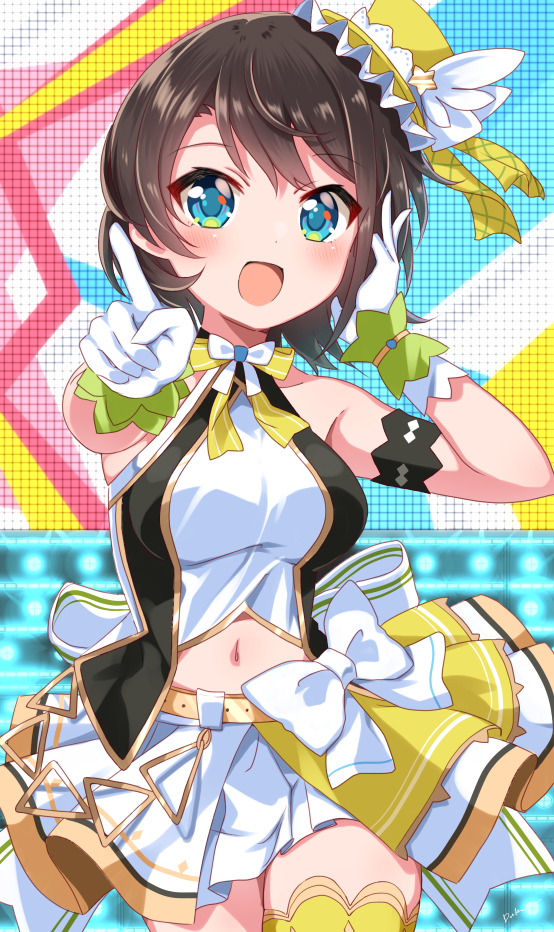 1girl :d bangs belt black_vest blue_eyes bow bow_skirt bowtie breasts brown_hair commentary_request eyebrows_visible_through_hair gloves green_headwear green_legwear hands_up happy hat hat_ornament hololive hololive_idol_uniform idol idol_clothes index_finger_raised layered_skirt looking_at_viewer medium_breasts midriff mini_hat mini_top_hat miniskirt multicolored_background navel official_alternate_costume oozora_subaru open_mouth pleated_skirt shirt short_hair sidelocks skirt sleeveless sleeveless_shirt smile solo standing star_(symbol) star_hat_ornament swept_bangs thighhighs tilted_headwear top_hat usagi_koushaku vest virtual_youtuber white_bow white_gloves white_shirt white_skirt wrist_cuffs yellow_bow yellow_bowtie