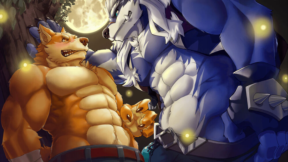 2boys abs against_tree bandages bare_pectorals belt biceps blue_eyes blue_fur blush chain chang_(gyee) claws dog_boy ear_piercing earrings fang fireflies furry furry_male gauntlets geppei5959 gyee hand_on_hip jacket jewelry large_pectorals leaf looking_at_another male_focus moon multiple_boys muscular muscular_male navel navel_hair night night_sky official_art open_clothes open_jacket orange_eyes orange_fur pants pectorals piercing scar scar_on_face sky thick_arms thick_eyebrows topless topless_male tree white_fur yang_(gyee)