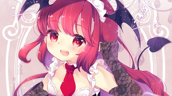 1girl :d alternate_costume aogiri_sei blush breasts demon_tail demon_wings enmaided gloves happy head_wings koakuma long_hair looking_at_viewer maid necktie open_mouth red_eyes red_hair red_neckwear smile solo tail touhou wings