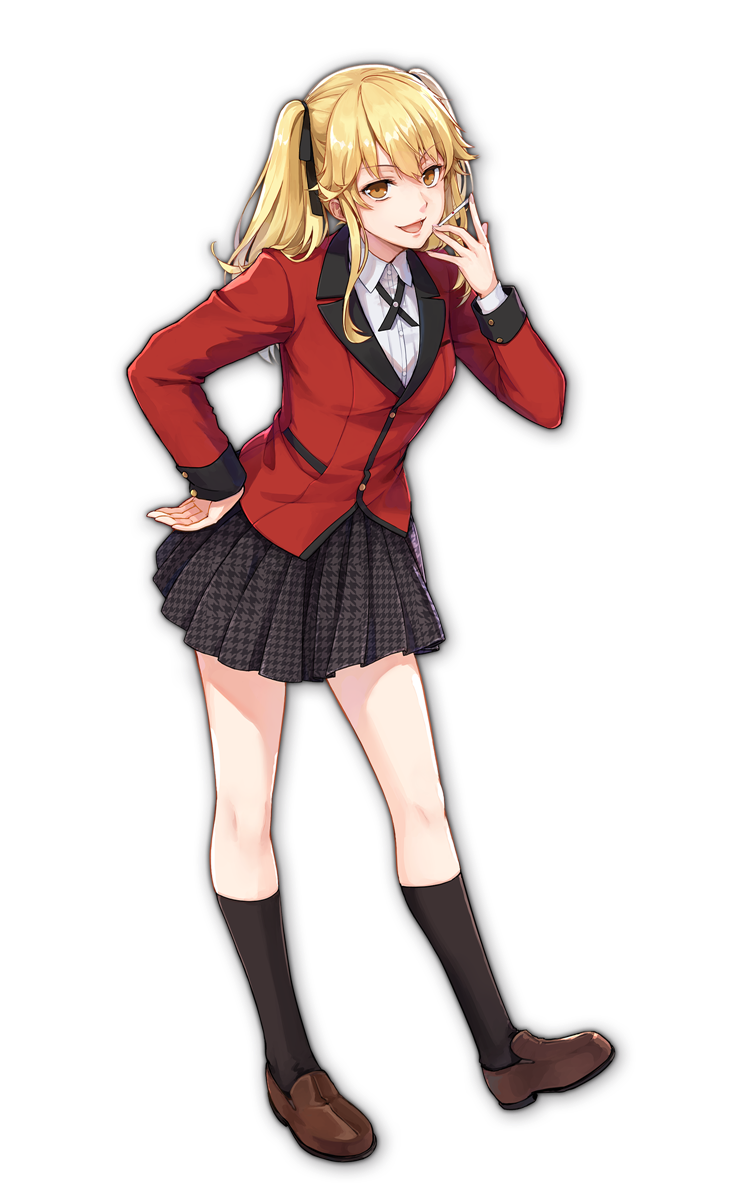 1girl artist_request black_ribbon blonde_hair bolo_tie brown_footwear collared_shirt eyebrows_visible_through_hair formal game_cg hand_on_hip holding houndstooth hyakkaou_academy_uniform jacket kakegurui looking_at_viewer mahjong mahjong_soul official_art open_mouth red_jacket red_suit ribbon saotome_meari shirt simple_background suit tenbou third-party_source transparent_background twintails white_shirt yellow_eyes yostar