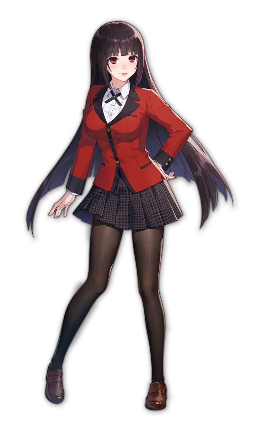 1girl artist_request bangs black_hair blunt_bangs brown_footwear collared_shirt eyebrows_visible_through_hair formal game_cg hand_on_hip highres hime_cut houndstooth hyakkaou_academy_uniform jabami_yumeko jacket kakegurui lips looking_at_viewer mahjong_soul official_art pantyhose pleated_skirt red_eyes red_jacket red_nails red_suit shirt simple_background skirt suit suit_jacket third-party_source transparent_background yostar