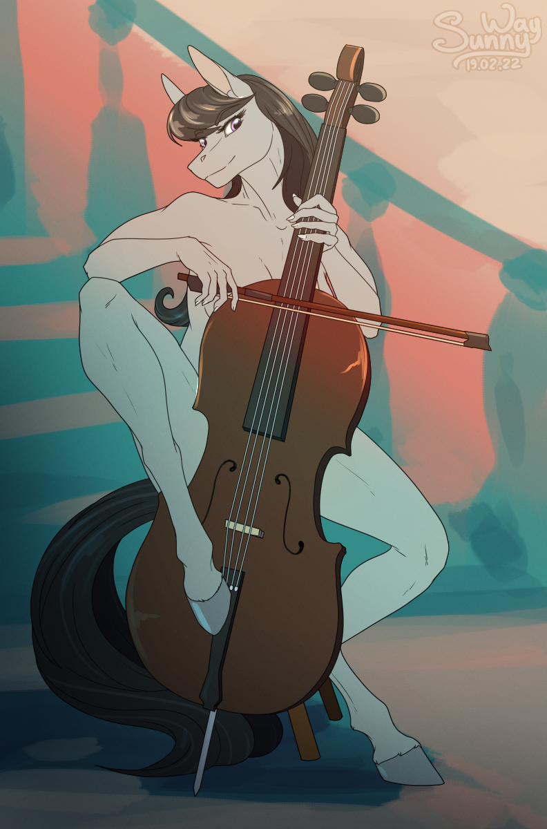 anthro bowed_string_instrument breasts cello cute_expression digital_drawing_(artwork) digital_media_(artwork) equid equine female friendship_is_magic hasbro hi_res horse mammal musical_instrument my_little_pony nude octavia_(mlp) patreon patreon_artist pony reward smile solo solo_focus string_instrument sunny_way text url