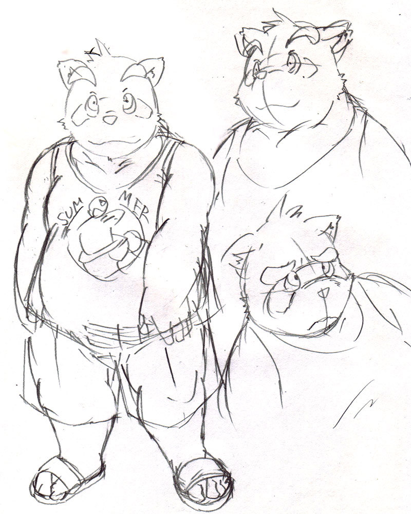 2014 anthro bbn biped bottomwear canid canine clothing kemono male mammal morenatsu multiple_poses overweight overweight_male pose raccoon_dog shirt shorts simple_background sketch solo tanuki topwear unavailable_at_source video_games visual_novel white_background young yukiharu_kuri