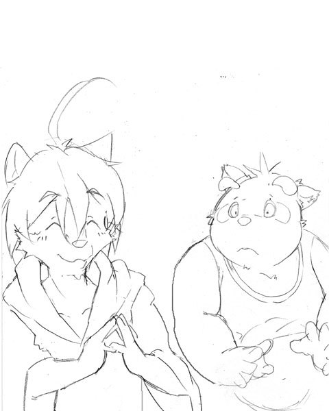 2014 anthro bbn canid canine canis clothing domestic_dog duo eyes_closed hoodie humanoid_hands kemono mammal morenatsu nanafuse raccoon_dog shirt simple_background sketch slightly_chubby tanuki topwear unavailable_at_source video_games visual_novel yukiharu_kuri