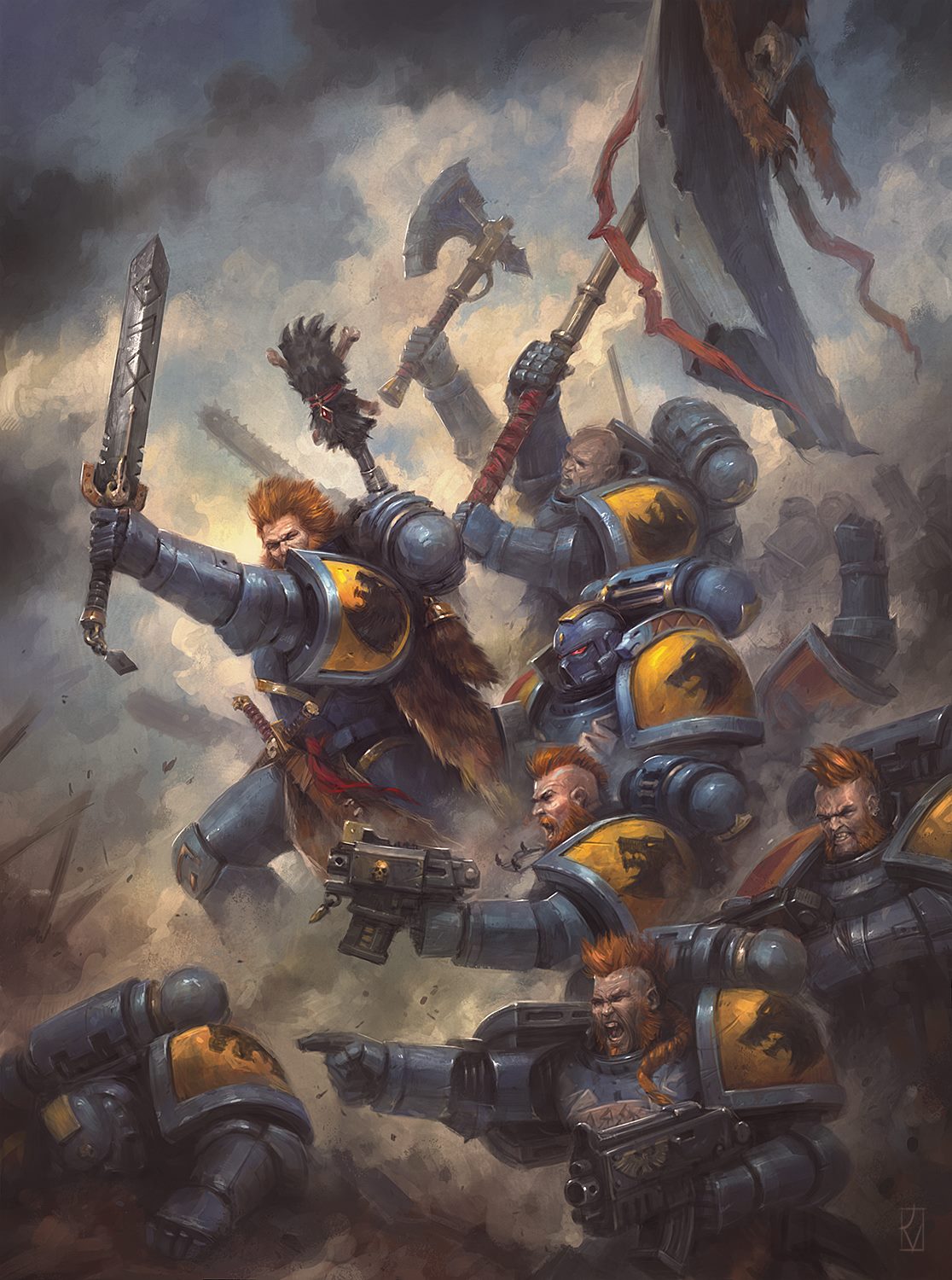 adeptus_astartes armor axe beard bolter dabanaworks facial_hair gauntlets gun highres holding holding_weapon multiple_boys open_mouth pauldrons power_armor red_hair short_hair shoulder_armor space_wolves sword war warhammer_40k weapon