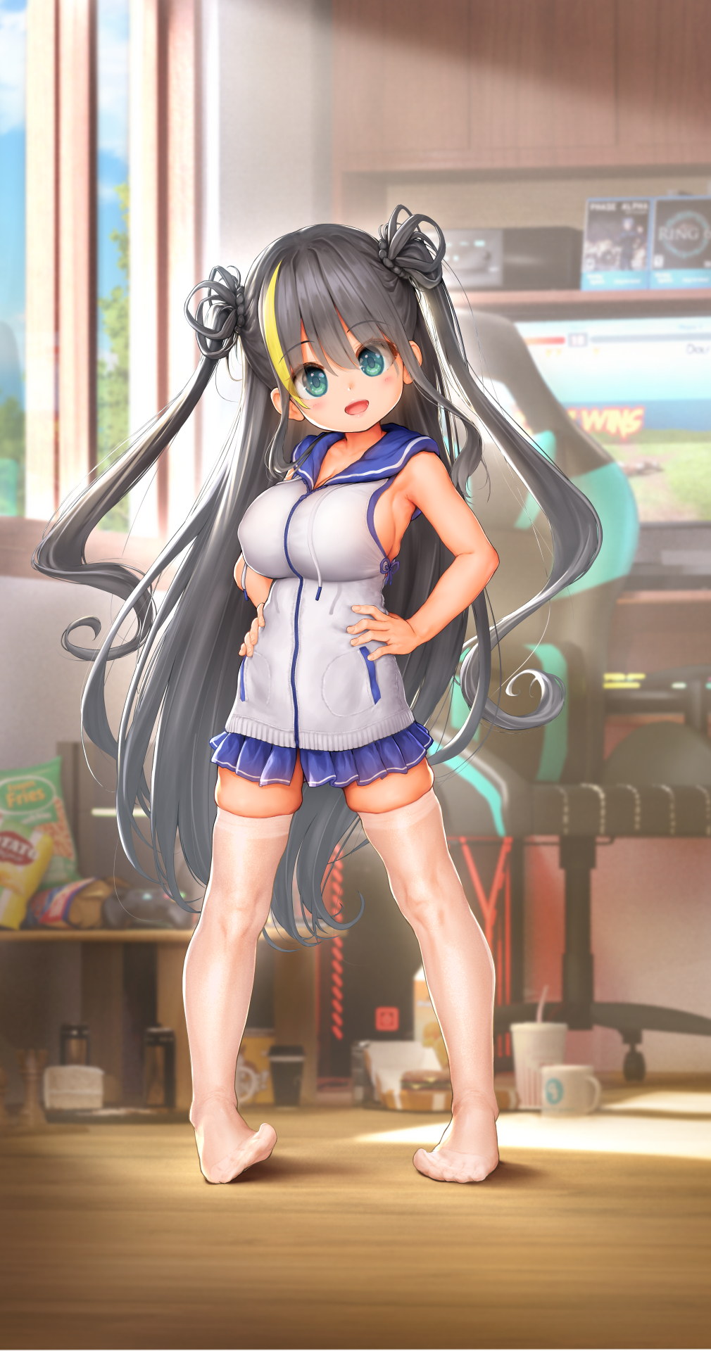 1girl black_hair blue_skirt breasts chair computer endou_hiroto full_body green_eyes hands_on_hips highres indoors keyboard_(computer) large_breasts legs long_hair looking_at_viewer miniskirt monitor multicolored_hair no_shoes office_chair open_mouth oppai_loli original shirt skindentation skirt sleeveless sleeveless_shirt smile solo standing streaked_hair thighhighs thighs two_side_up very_long_hair white_legwear white_shirt window zettai_ryouiki