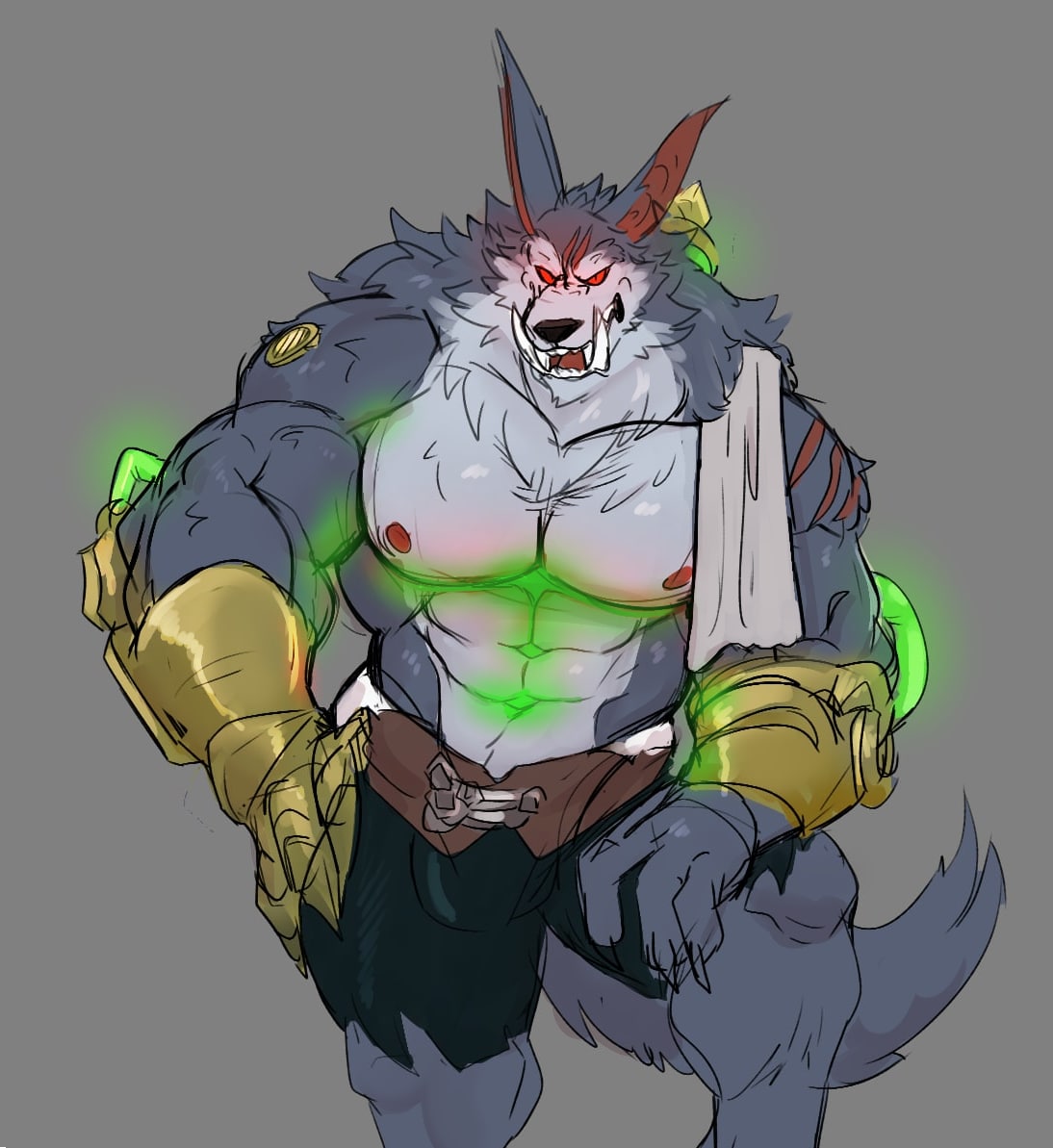 2021 anthro belt big_muscles big_pecs big_teeth bottomwear bulge canid canine canis clothing colored colored_sketch fangs fur glowing glowing_markings grey_body grey_fur league_of_legends long_ears looking_at_viewer mafekoba male mammal markings muscular muscular_anthro muscular_male nipples pecs red_eyes riot_games scar shorts simple_background sketch solo thick_arms torn_clothing tusks video_games warwick_(lol) were werecanid werecanine werewolf wolf