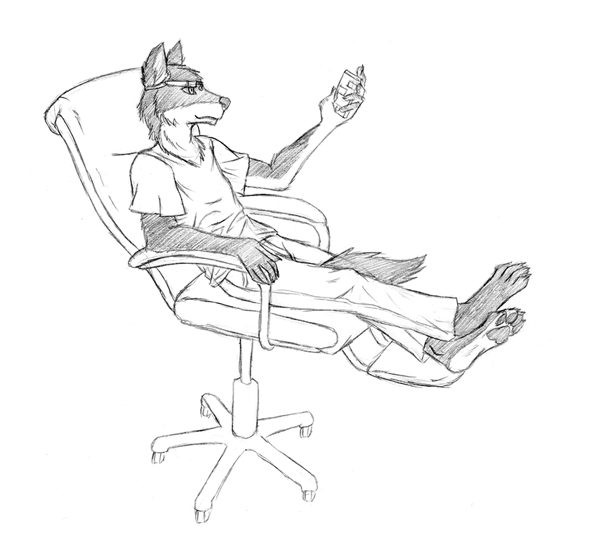 4_toes anthro biped cheek_tuft chest_tuft clothing facial_tuft feet leaning leaning_back male monochrome pawpads shirt sitting skyelegs solo t-shirt tail_between_legs toes topwear traditional_media_(artwork) tuft