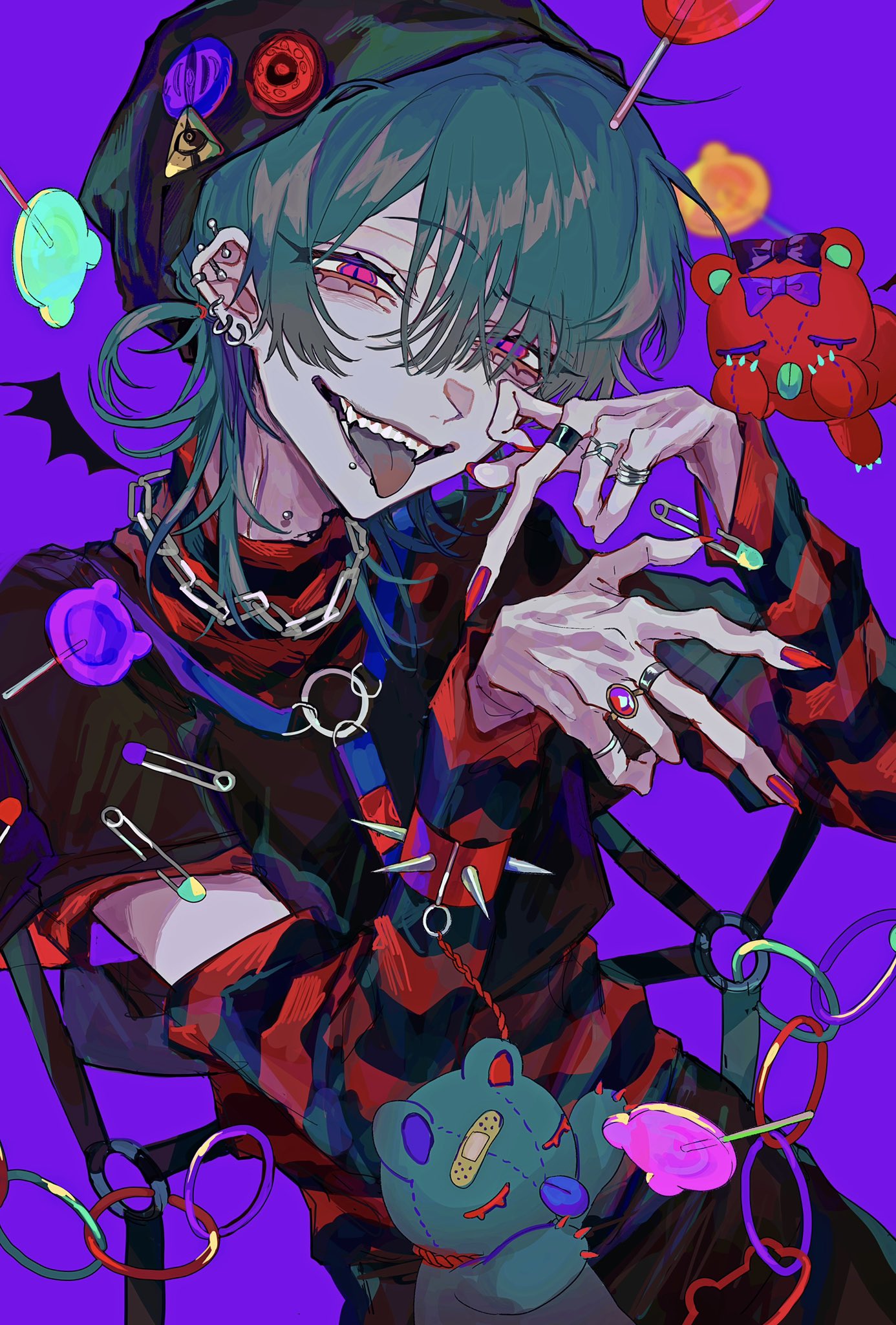 1boy bangs blue_hair bracelet candy chain clip detached_sleeves earrings eyebrows_visible_through_hair food hair_between_eyes hat highres jewelry kuroume_(aihikarikuroume24) lollipop looking_at_viewer open_mouth original pink_eyes purple_background ring shirt short_hair short_sleeves simple_background solo spiked_bracelet spikes striped_sleeves stuffed_animal stuffed_toy teeth tongue tongue_out