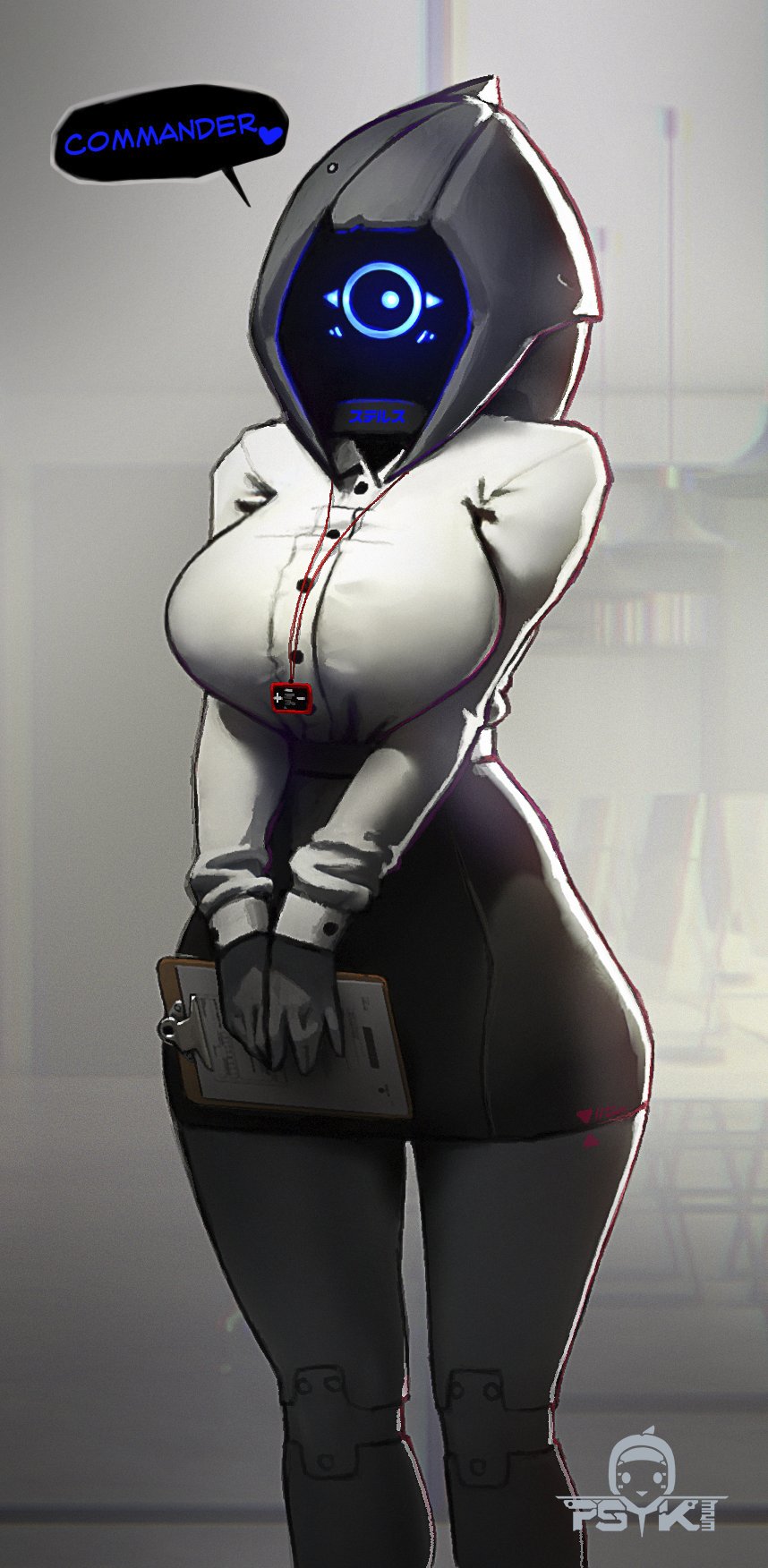 1girl android artist_logo black_skirt breasts buttons clipboard dress_shirt english_commentary glowing glowing_eye heart highres id_card indoors joints large_breasts looking_at_viewer no_humans one-eyed original pencil_skirt psyk323 robot robot_joints shirt skirt solo spoken_heart