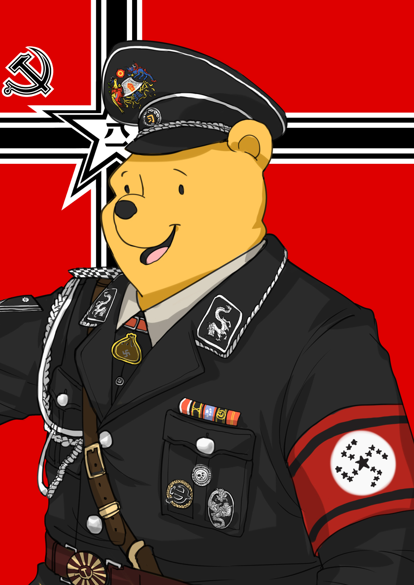 animate_inanimate bili_get clothed clothing disney hat headgear headwear hi_res living_plushie open_mouth plushie pooh_bear solo swastika symbol winnie_the_pooh_(franchise) xi_jinping yellow_body