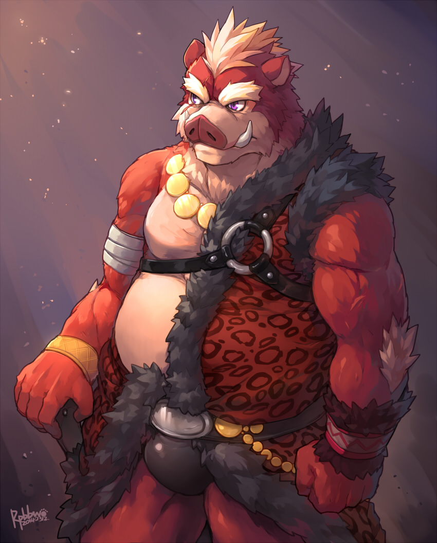 2014 anthro belly big_belly biped bulge clothing fur humanoid_hands kemono male mammal moobs overweight overweight_male red_body red_fur rpbbw solo suid suina sus_(pig) underwear wild_boar