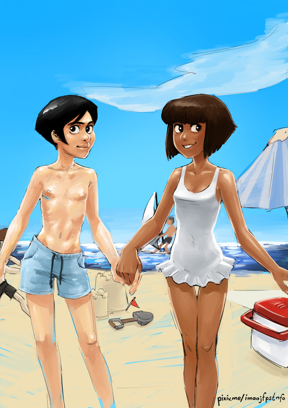 2girls androgynous artist_name bare_shoulders beach beach_towel beach_umbrella black_eyes blue_shorts bob_cut breasts brown_hair closed_mouth cloud commentary cooler dark-skinned_female dark_skin drawstring english_commentary exhibitionism feet_out_of_frame flag gunnerkrigg_court highres holding_hands imaajfpstnfo katerina_donlan long_hair looking_at_viewer male_swimwear male_swimwear_challenge multiple_girls ocean parasailing parted_lips paz_cadena-blanco public_indecency sand sand_castle sand_sculpture short_hair shorts sky small_breasts smile swim_trunks swimsuit swimsuit_skirt thigh_gap tomboy topless towel trowel umbrella very_short_hair web_address white_swimsuit
