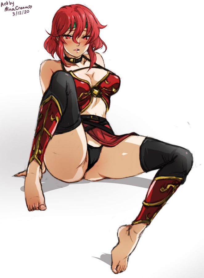 artist_name barefoot black_panties breasts cleavage collar dated fire_emblem fire_emblem:_mystery_of_the_emblem headband highs medium_breasts mina_cream minerva_(fire_emblem) non-web_source panties red_eyes red_hair short_hair thighhighs underwear