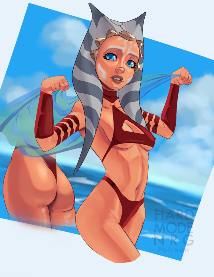 2022 ahsoka_tano alien alien_humanoid armwear bikini blue_eyes breasts butt clothing eyelashes female hardmoden humanoid lekku_(anatomy) looking_at_viewer navel nipple_outline not_furry orange_body orange_skin red_bikini sarong seaside slim solo star_wars swimwear togruta