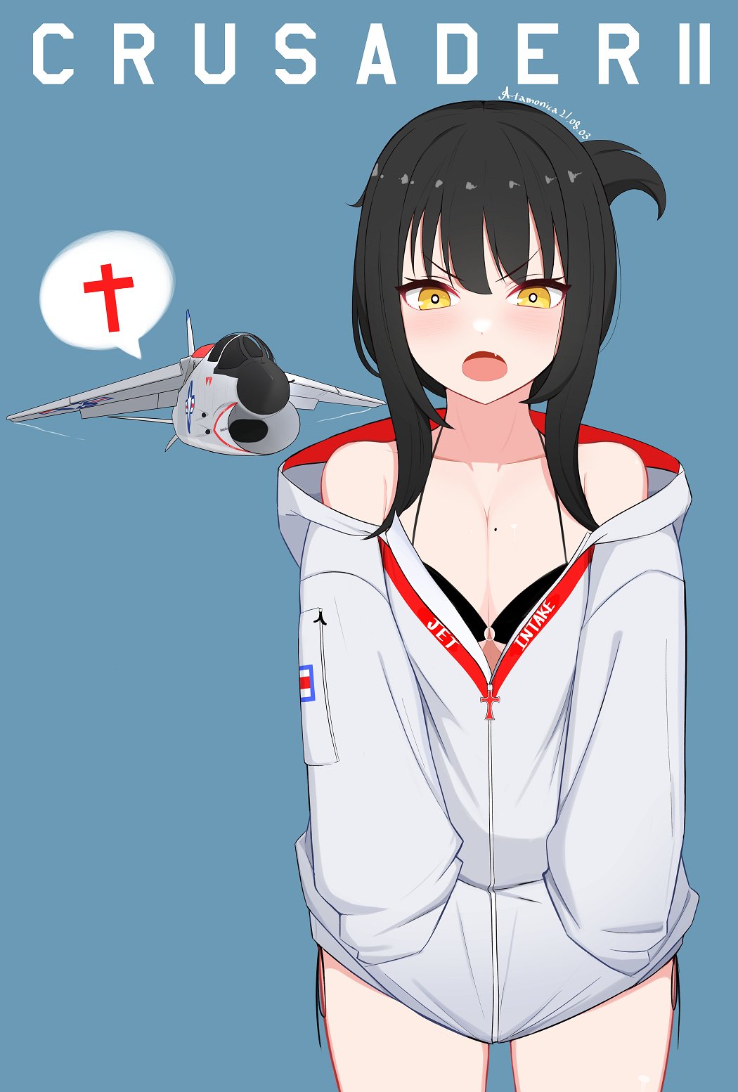 1girl aircraft airplane artist_name atamonica bikini black_hair breasts commentary dated english_commentary f-8_crusader fang fighter_jet highres hood hoodie jet looking_at_viewer military military_vehicle mole mole_on_breast open_mouth original short_hair swimsuit yellow_eyes