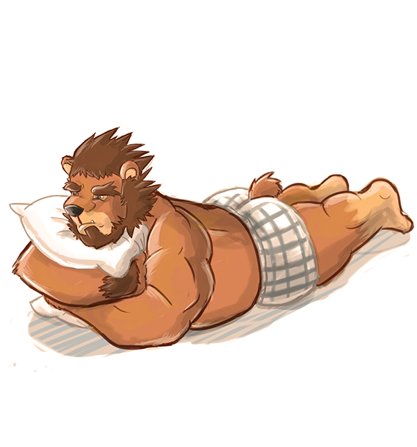 anthro barazoku beard biped black_nose blue_eyes boxers_(clothing) boxers_only brown_beard brown_body brown_fur brown_hair clothed clothing eyebrows facial_hair frown fur hair hugging_pillow lowemond lying male mammal muscular muscular_anthro muscular_male on_front sad short_tail solo three-quarter_view topless topless_anthro topless_male underwear underwear_only ursid