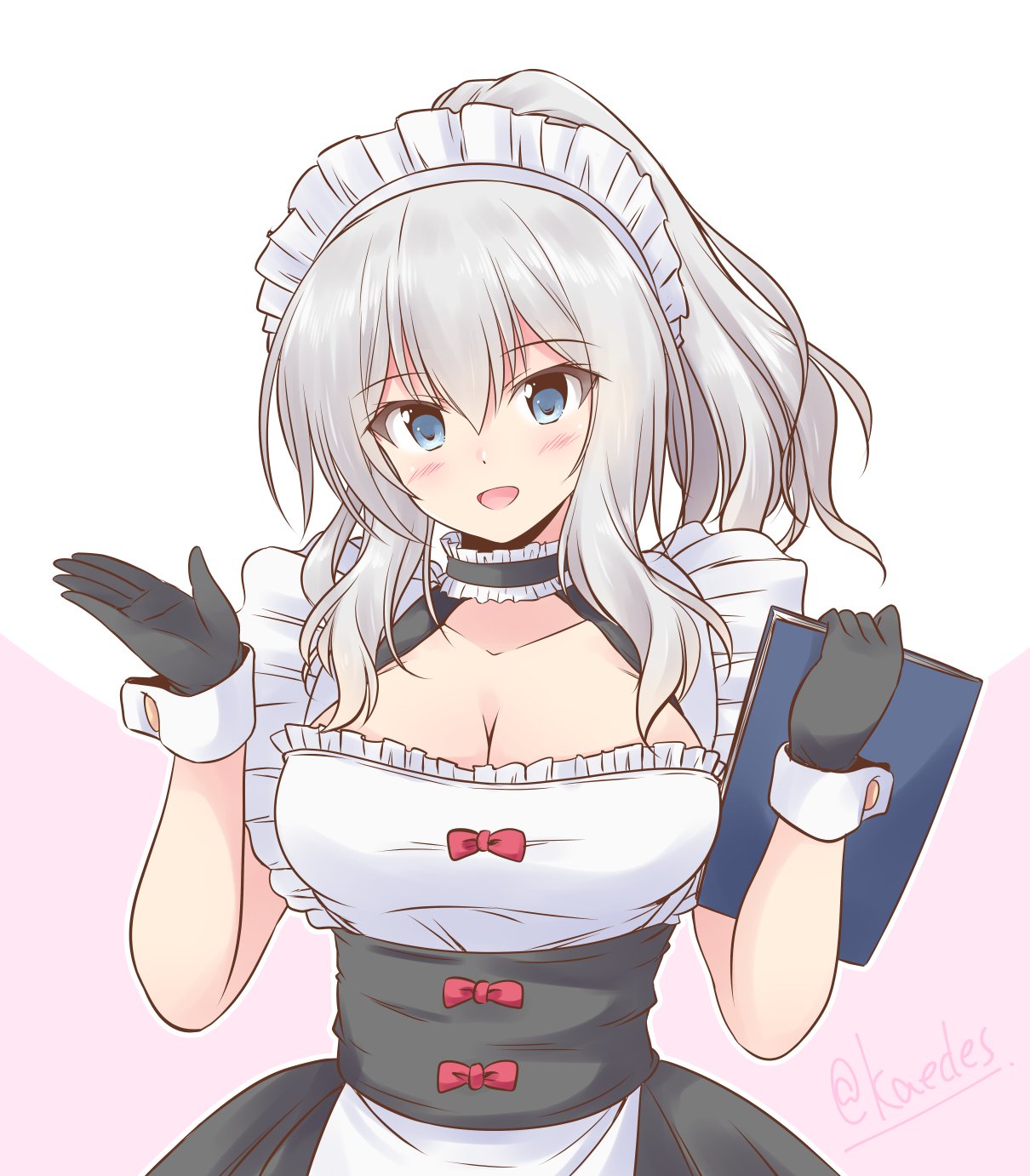 1girl alternate_costume apron black_choker black_gloves blue_eyes breasts choker cleavage commentary_request enmaided frilled_choker frills gloves highres icesherbet kantai_collection kashima_(kancolle) large_breasts looking_at_viewer maid maid_headdress menu one-hour_drawing_challenge sidelocks silver_hair solo twintails upper_body waitress wavy_hair white_apron