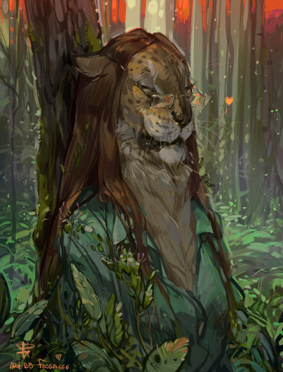 2022 anthro breasts brown_hair clothed clothing day detailed_background digital_media_(artwork) eyewear felid female forest fossa666 glasses grass hair hi_res lion mammal outside pantherine plant solo tree
