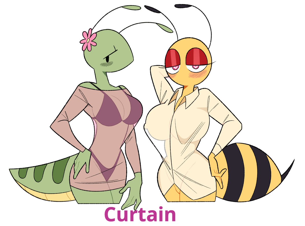 animal_humanoid arthropod arthropod_humanoid bee_humanoid blush clothing curtain_call_challenge embarrassed honey_(idolomantises) humanoid hymenopteran hymenopteran_humanoid idolomantises insect insect_humanoid looking_at_viewer mantis mantis_humanoid papaya_(idolomantises) simple_background underwear white_background