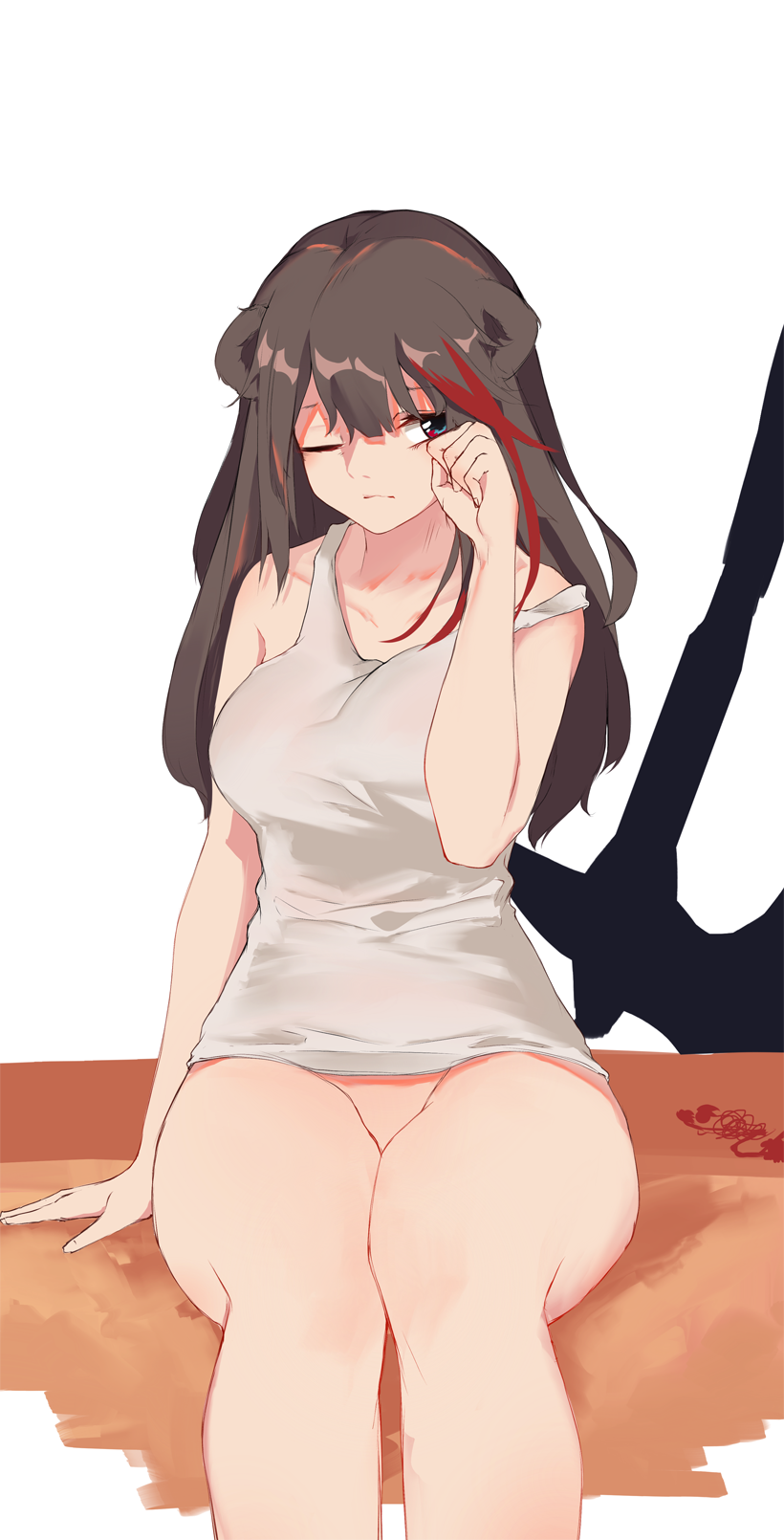 1girl animal_ears arknights axe bear_ears blue_eyes bottomless brown_hair feet_out_of_frame hand_up highres inniyik looking_at_viewer multicolored_hair one_eye_closed red_hair rubbing_eyes simple_background sitting solo strap_slip streaked_hair tank_top thighs white_background zima_(arknights)