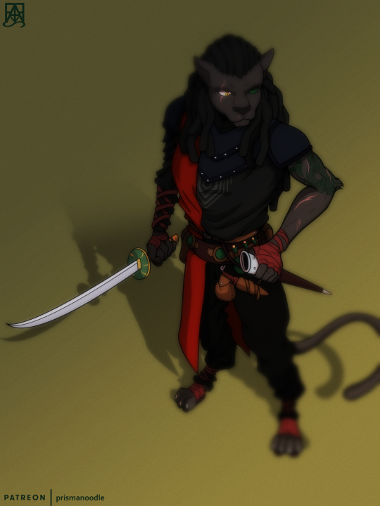 2022 3:4 anthro armor claws clothed clothing digital_media_(artwork) dungeons_and_dragons felid feline fur hair hasbro holding_object male mammal melee_weapon prismanoodle_(artist) simple_background solo standing sword tabaxi weapon wizards_of_the_coast wrappings