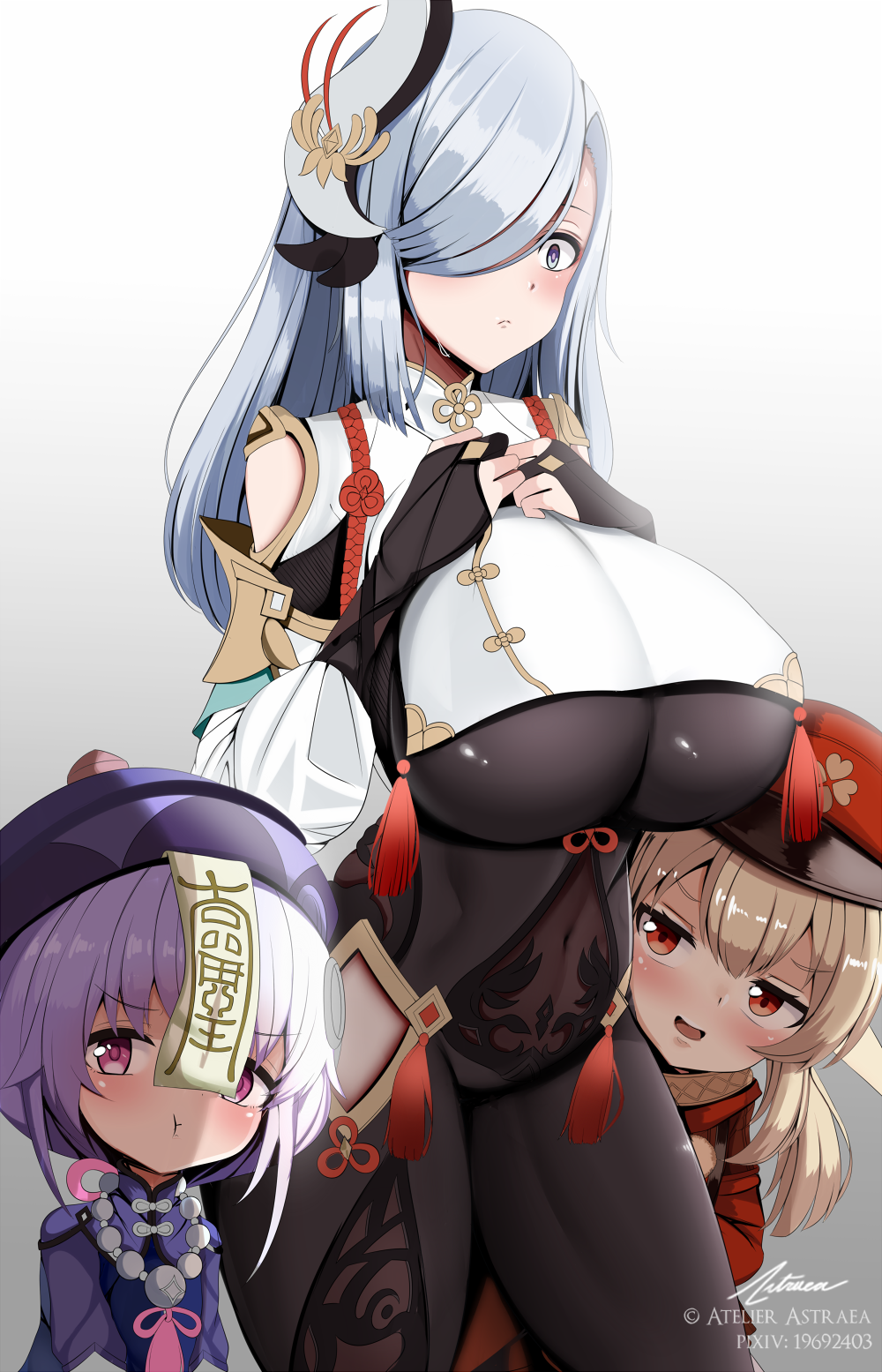 3girls :i astraea_(atelierastraea) bead_necklace beads black_bodysuit blonde_hair blue_eyes bodysuit breasts fingerless_gloves genshin_impact gloves hair_over_one_eye half-closed_eyes hands_on_own_chest hat highres jewelry jiangshi klee_(genshin_impact) large_breasts multiple_girls necklace pointy_ears purple_eyes purple_hair qiqi_(genshin_impact) red_eyes shenhe_(genshin_impact) silver_hair sweatdrop