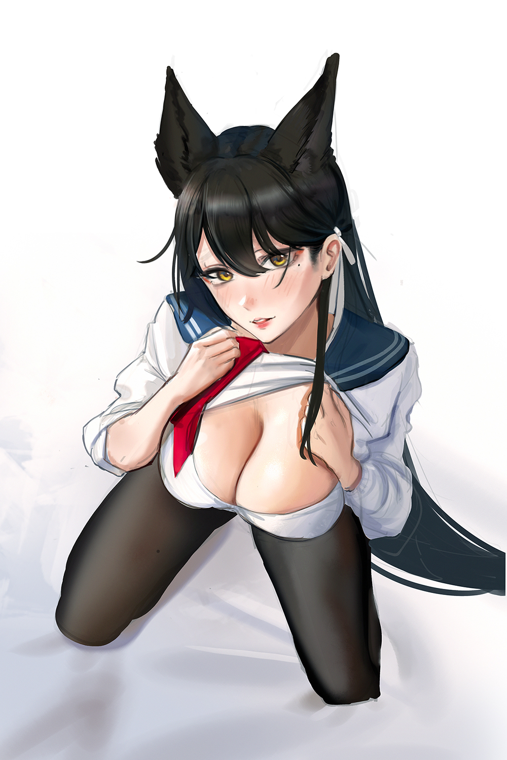 1girl absurdly_long_hair alternate_costume animal_ear_fluff animal_ears atago_(azur_lane) azur_lane black_hair black_legwear blue_sailor_collar bra breasts cleavage clothes_lift from_above hair_between_eyes hair_ribbon highres large_breasts long_hair looking_at_viewer looking_up mole mole_under_eye nianyuguai red_neckwear ribbon sailor_collar shirt shirt_lift simple_background solo underwear very_long_hair white_background white_bra white_ribbon white_shirt yellow_eyes