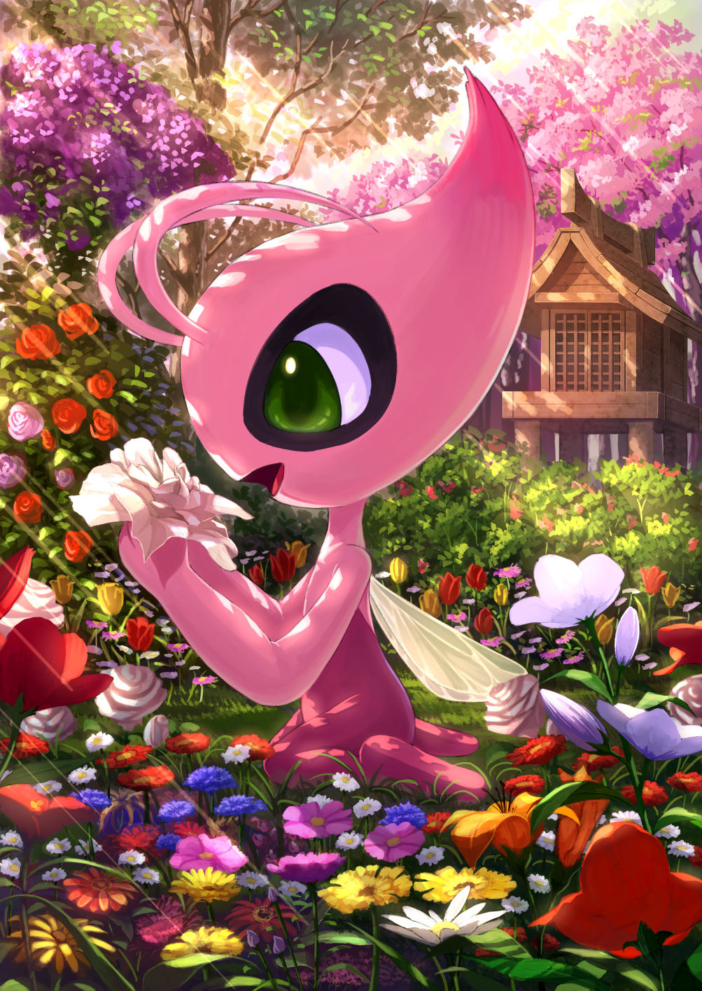 alternate_color antennae celebi commentary day flower flower_request green_eyes highres holding holding_flower karamimame light_rays looking_at_object no_humans open_mouth outdoors pokemon pokemon_(creature) shiny_pokemon shrine sitting tree wariza