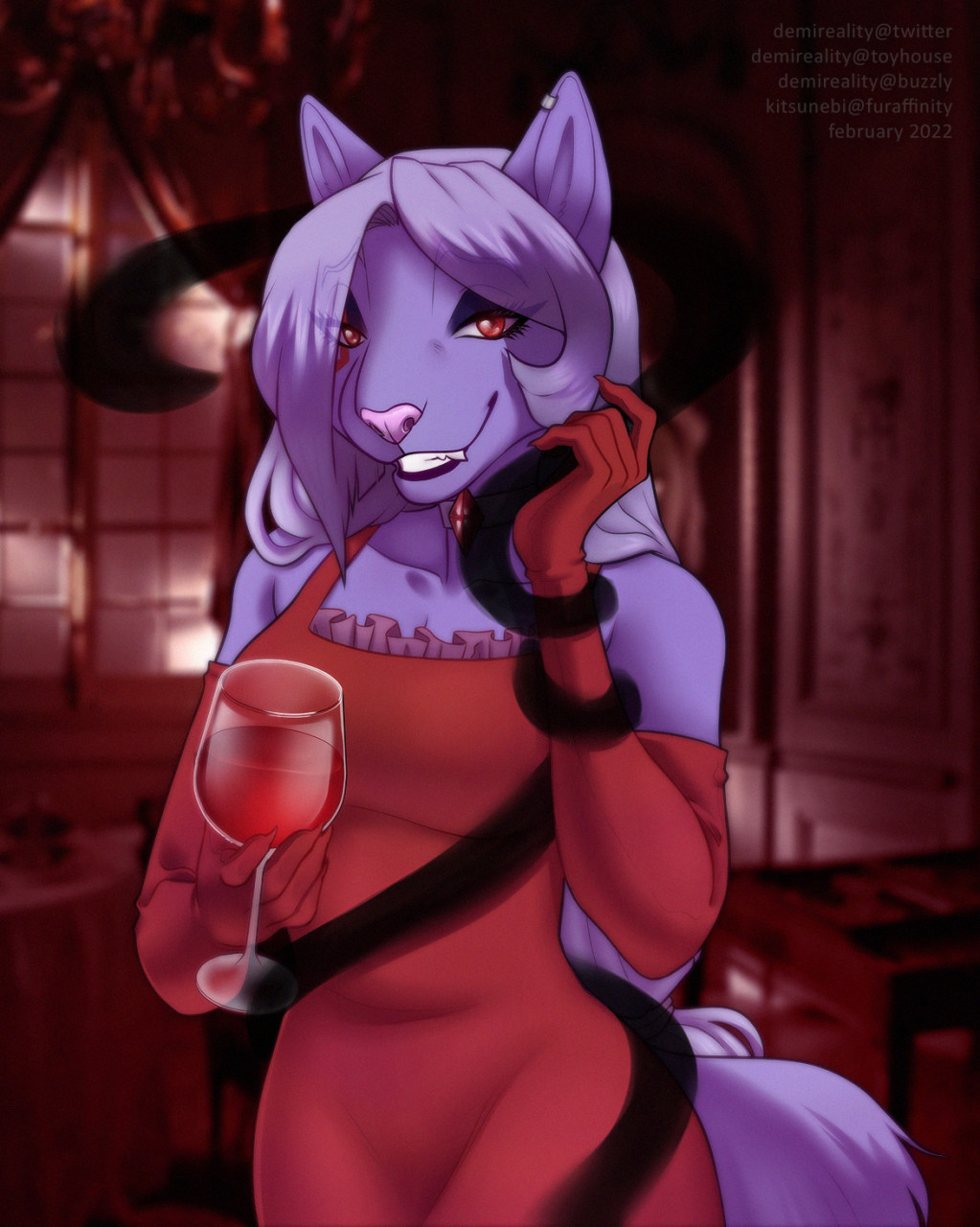 alcohol anthro beverage blurred_background clothing container cup drinking_glass eyebrow_through_hair eyebrows eyelashes fangs female front_view fur glass glass_container glass_cup glistening glistening_eyes gloves grin hair handwear hi_res holding_wine_glass kitsunebi_(artist) long_hair looking_at_viewer pink_nose purple_body purple_ears purple_fur purple_hair purple_inner_ear purple_tail red_clothing red_eyes red_gloves red_handwear smile solo translucent translucent_hair wine wine_glass
