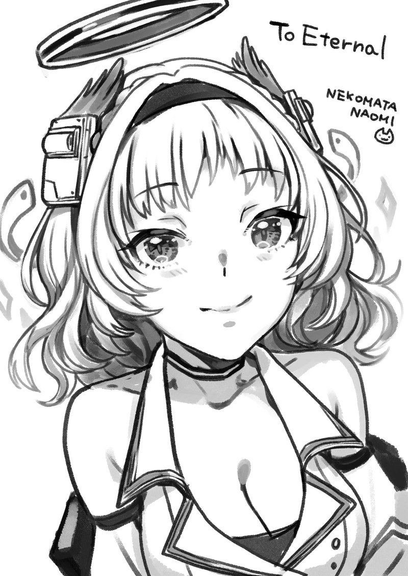 1girl bare_shoulders breasts cleavage collarbone commission greyscale hairband headset kamishiro_rita mechanical monochrome nekomata_naomi prism_project skeb_commission sketch solo upper_body virtual_youtuber wavy_hair white_hair