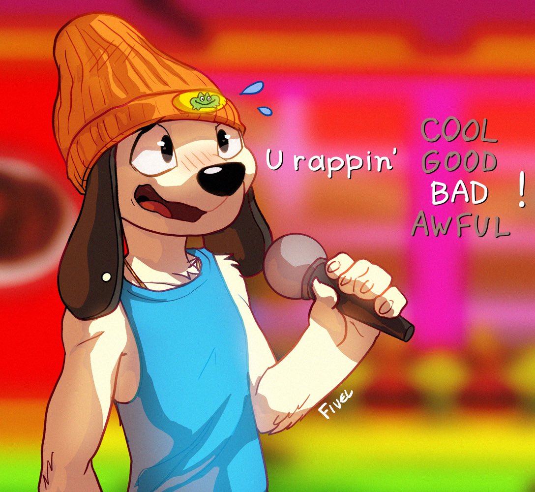 anthro beanie blurred_background blush bodily_fluids canid canine canis clothed clothing digital_media_(artwork) domestic_dog embarrassed english_text exclamation_point fivel hat headgear headwear male mammal microphone open_mouth orange_beanie parappa parappa_the_rapper solo sony_corporation sony_interactive_entertainment sweat sweatdrop text video_games white_body