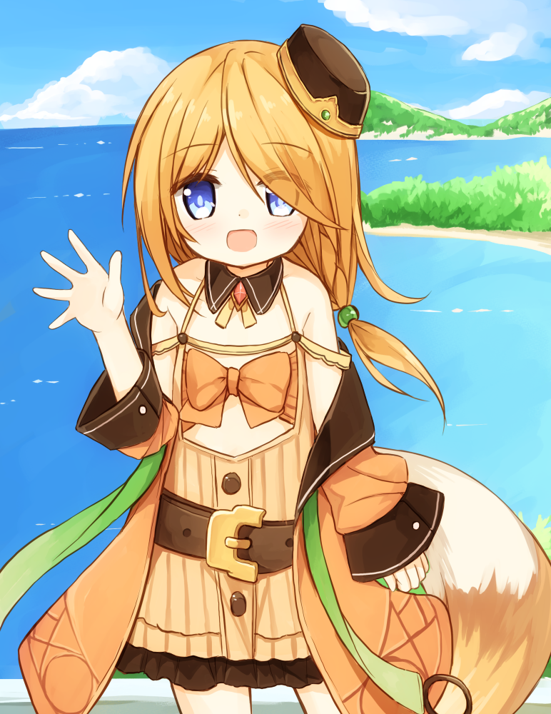 1girl :d bangs bare_shoulders belt belt_buckle blonde_hair blue_eyes blue_sky blush brown_belt brown_dress brown_hat brown_jacket buckle cloud day dress eyebrows_visible_through_hair fox_tail frilled_dress frills hair_over_one_eye hand_up hat horizon jacket long_hair long_sleeves mini_hat ocean off_shoulder open_clothes open_jacket open_mouth original outdoors sky sleeveless sleeveless_dress sleeves_past_wrists smile solo standing tail tilted_headwear wide_sleeves yuuhagi_(amaretto-no-natsu)