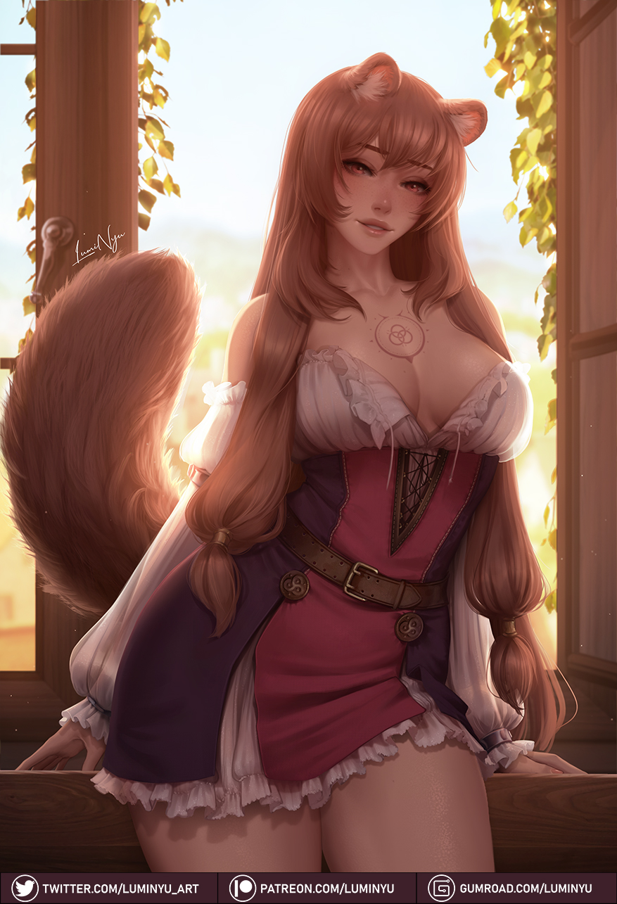 1girl animal_ear_fluff animal_ears backlighting bangs bare_shoulders belt breast_tattoo breasts brown_hair chest_tattoo contrapposto day detached_sleeves dress english_commentary highres large_breasts light_brown_hair lips long_hair long_sleeves looking_at_viewer low-tied_long_hair low_twintails luminyu parted_lips raccoon_ears raccoon_girl raccoon_tail raphtalia red_eyes short_dress signature slave_tattoo solo strapless strapless_dress studded_bracelet tail tate_no_yuusha_no_nariagari tattoo thighs twintails very_long_hair windowsill