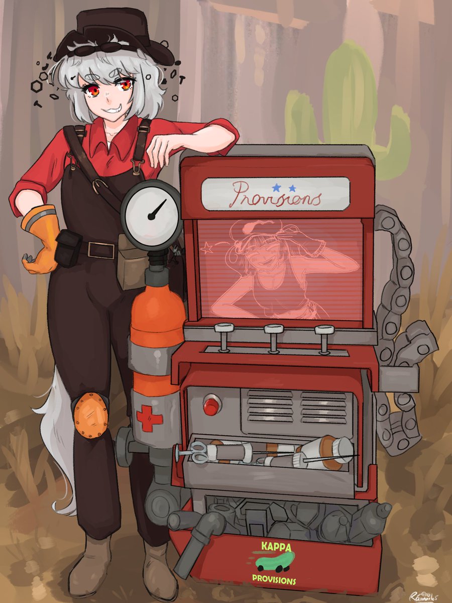 1girl :d animal_ears bangs bolt brown_footwear brown_headwear cosplay crossover dispenser_(team_fortress) full_body gloves grin highres inubashiri_momiji kawashiro_nitori knee_pads nut_(hardware) orange_gloves overalls ramnik5 red_eyes short_hair single_glove sleeves_rolled_up smile solo standing syringe tail team_fortress_2 teeth the_engineer the_engineer_(cosplay) touhou unusual_effect white_hair wolf_ears wolf_girl wolf_tail