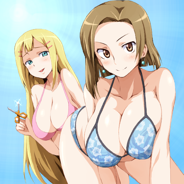 2girls blonde_hair blush breasts brown_eyes brown_hair cleavage closed_mouth earrings green_eyes gundam gundam_00 hair_ornament hairclip jewelry kinue_crossroad large_breasts long_hair looking_at_viewer louise_halevy multiple_girls open_mouth runaru scissors short_hair simple_background smile swimsuit