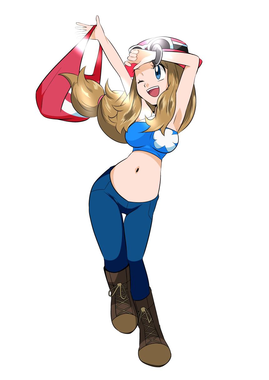 1girl blonde_hair blue_eyes boots breasts denim eyewear_on_headwear full_body hainchu hat highres jeans long_hair navel one_eye_closed open_mouth pants pokemon pokemon_(anime) pokemon_xy_(anime) serena_(pokemon) simple_background smile solo sunglasses white-framed_eyewear white_background