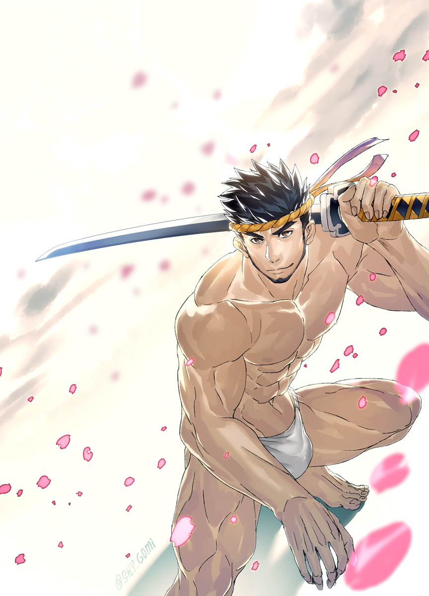 1boy abs artist_name bara beard biceps black_hair facial_hair fundoshi gyee headband highres japanese_clothes katana lan_(gyee) looking_at_viewer male_focus male_underwear manly muscular muscular_male navel nipples no_pants over_shoulder petals sky_(sora_no_gomibako) smile solo spiked_hair squatting sword thick_arms thick_eyebrows thick_thighs thighs topless topless_male underwear weapon weapon_over_shoulder yellow_eyes