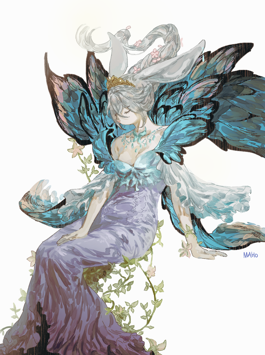 accessory alternate_species anthro bangs biped black_wings blue_wings braided_hair braided_ponytail breasts cleavage clothed clothing collarbone crown digital_media_(artwork) dress ear_piercing ear_ring eyelashes eyes_closed female final_fantasy final_fantasy_xiv flower flower_in_hair fur furrification grey_ears grey_hair hair hair_accessory hair_between_eyes hi_res humanoid_hands jewelry kemono kkron_m lagomorph lepidopteran_wings leporid long_ears long_hair mammal monotone_ears monotone_hair monotone_nose multicolored_wings necklace piercing pink_flower pink_nose plant purple_clothing purple_dress rabbit simple_background sitting small_breasts solo square_enix tiara titania_(ffxiv) two_tone_wings video_games white_background white_body white_flower white_fur wings