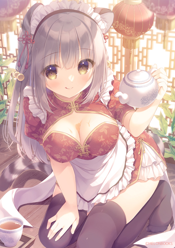 1girl :q animal_ear_fluff animal_ears apron bangs black_legwear breasts brown_dress brown_eyes china_dress chinese_clothes cleavage closed_mouth commentary_request cup dress eyebrows_visible_through_hair frilled_apron frills grey_hair hair_between_eyes hair_bobbles hair_ornament hand_up holding holding_teapot looking_at_viewer maid_headdress medium_breasts no_shoes original puffy_short_sleeves puffy_sleeves qi_maid short_sleeves smile solo striped_tail tail teacup teapot thighhighs tongue tongue_out tray two_side_up white_apron wooden_floor yukie_(peach_candy)
