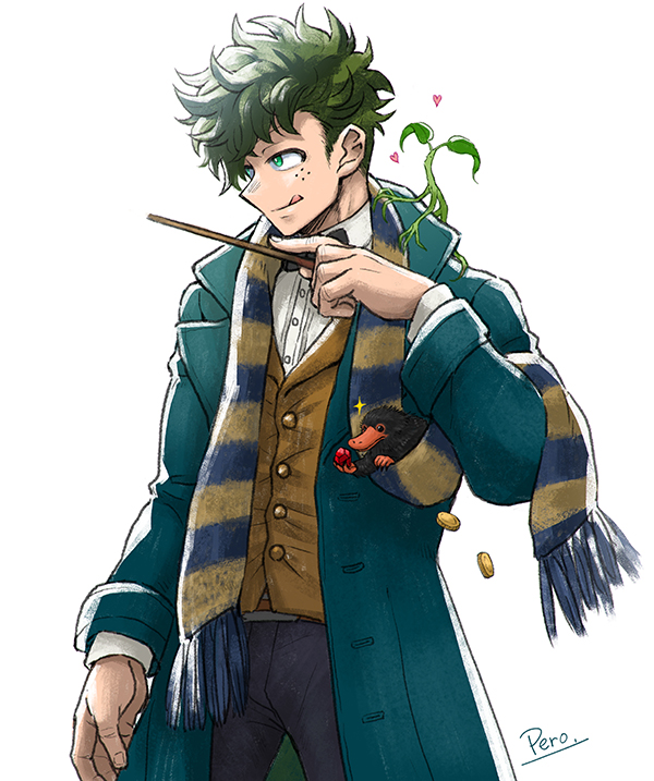 1boy black_bow black_bowtie boku_no_hero_academia bow bowtie bowtruckle coat collared_shirt cosplay freckles gem gold_coin green_coat green_eyes green_hair heart holding holding_gem holding_wand male_focus midoriya_izuku multicolored_clothes multicolored_scarf newt_scamander newt_scamander_(cosplay) niffler pero_(pero56870578) scarf shirt simple_background solo tongue tongue_out trench_coat twitter_username vest wand yellow_vest
