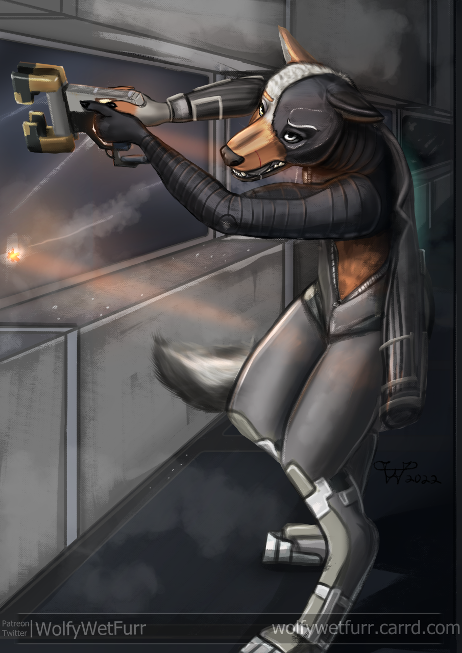 anthro breath clothing cutter_gun dead_space furgonomics gun hi_res jumpsuit male panting ranged_weapon scar science_fiction solo synthetic tongue video_games weapon wolfywetfurr_(artist)