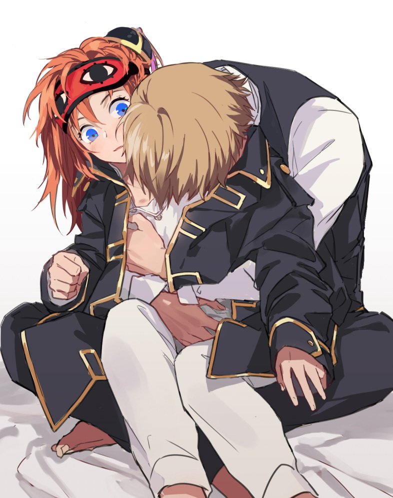 1boy 1girl blue_eyes blush brown_hair covering_face crossed_legs gintama hug hug_from_behind kagura_(gintama) loli_bushi long_hair looking_at_another okita_sougo on_lap red_hair short_hair sitting surprised